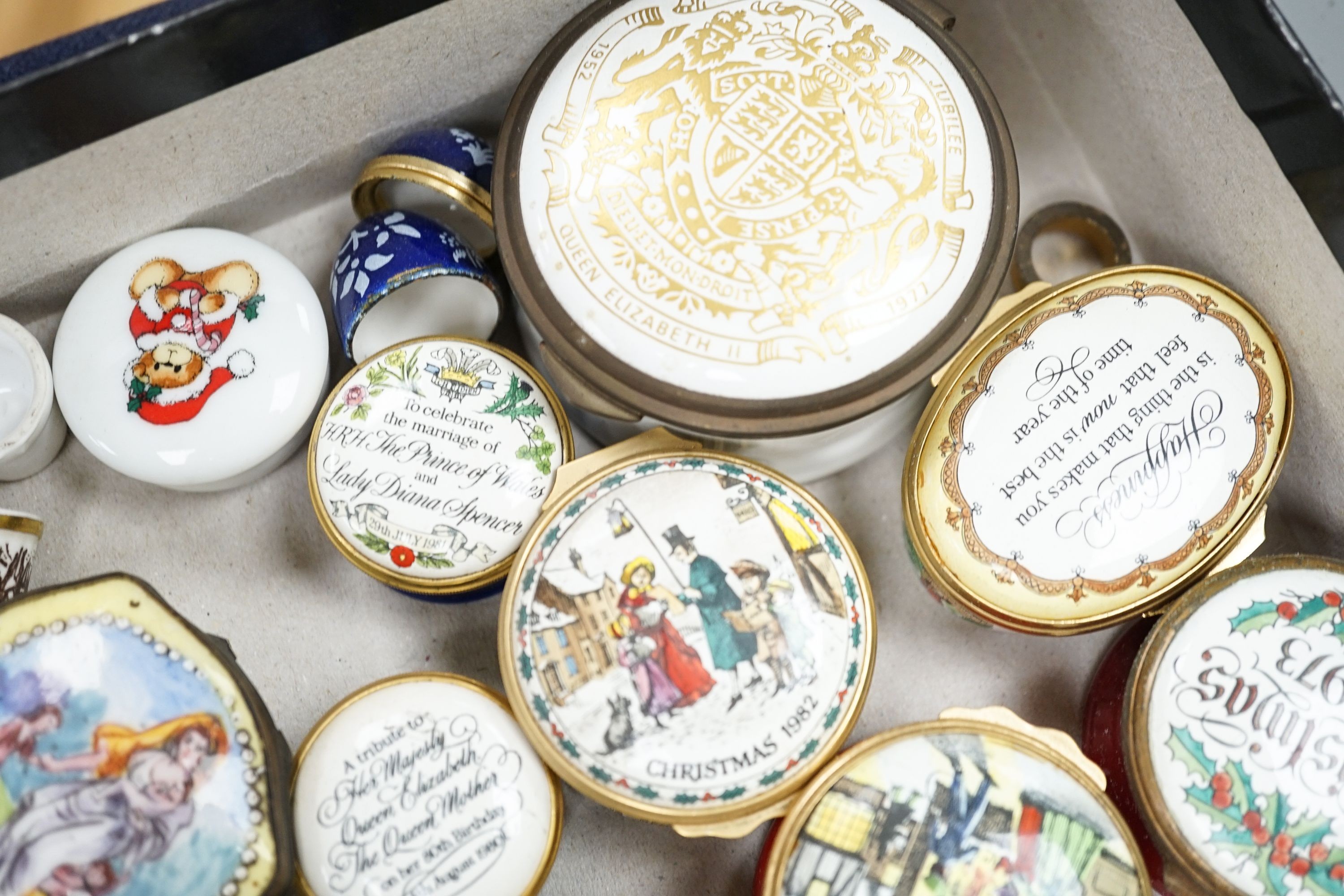 A collection of enamel patch boxes including Halcyon Days